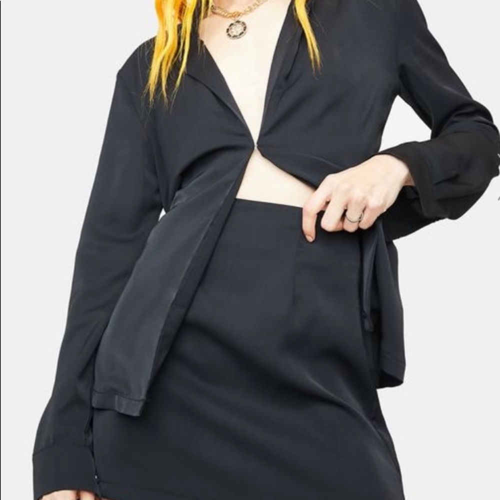 Black Satin Skirt & Blouse Set Small